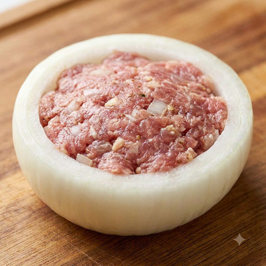 Un único aro de cebolla relleno de carne sobre una superficie de madera, lleno de manera uniforme con carne picada sazonada.