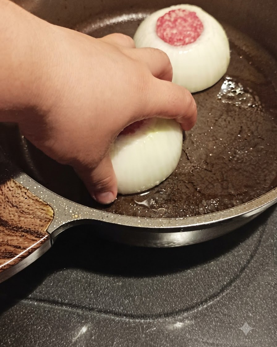 Una mano colocando un aro de cebolla relleno de carne en una sartén caliente junto con cebollas picadas.