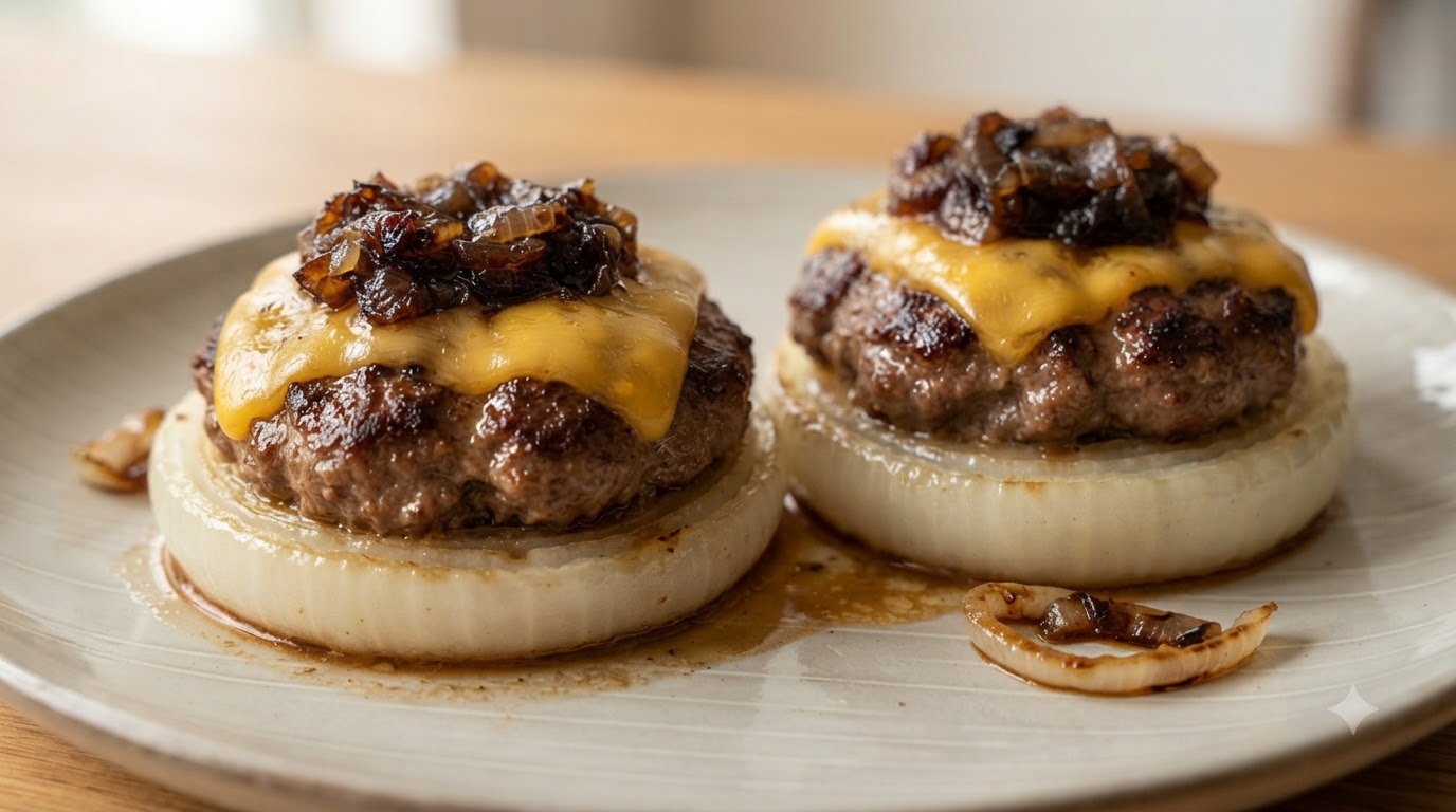 Dos aros de cebolla rellenos de carne y cubiertos con queso fundido y cebollas salteadas