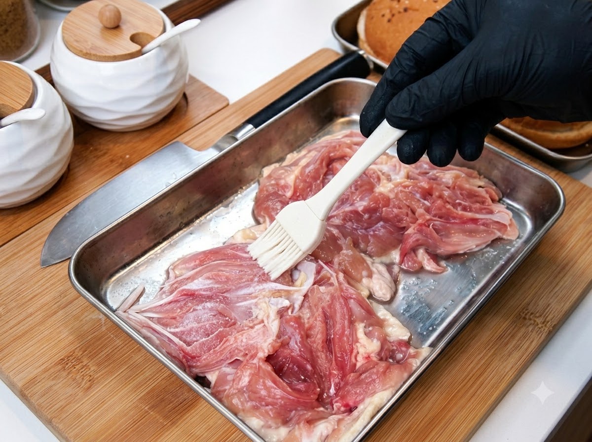 Una mano con guante usando una brocha blanca para esparcir los condimentos sobre los muslos de pollo en una bandeja metálica.