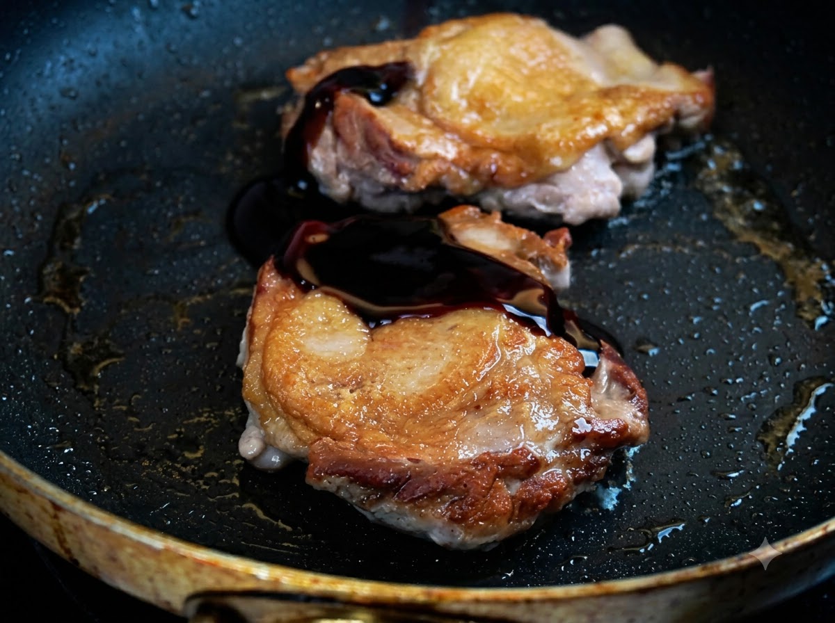 Salsa teriyaki oscura siendo vertida sobre muslos de pollo fritos dorados en una sartén.