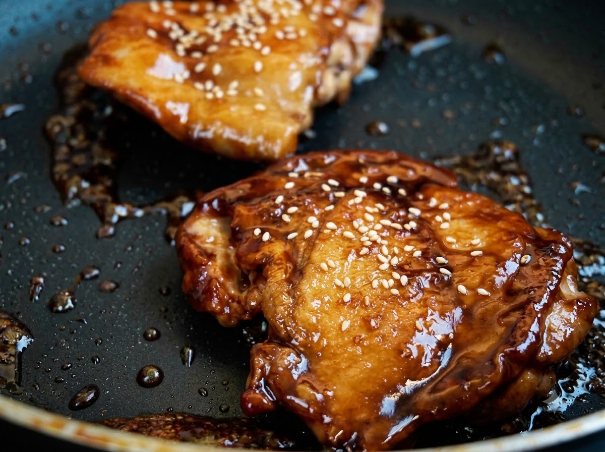 Vista de cerca de los muslos de pollo teriyaki glaseados en una sartén adornados con semillas de sésamo blanco esparcidas.