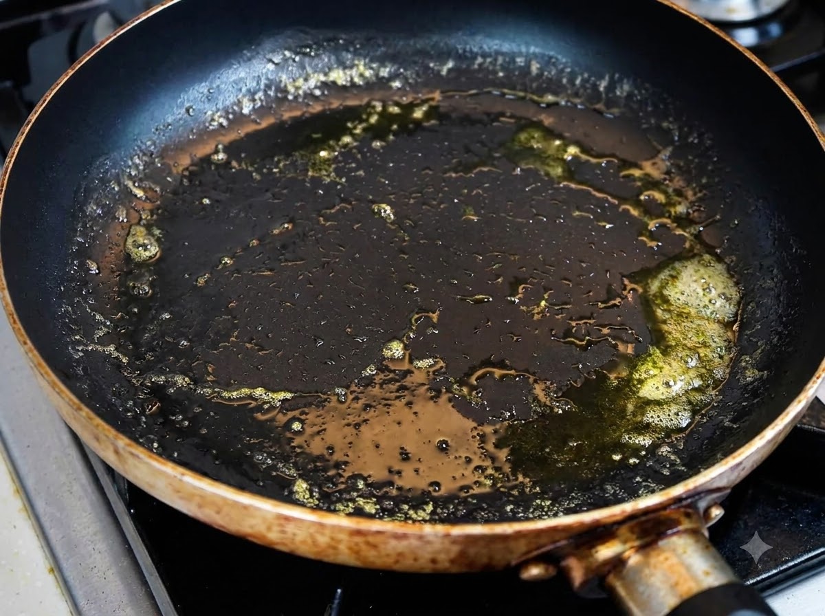 Mantequilla derritiéndose y burbujeando en una sartén oscura utilizada para tostar panes de hamburguesa.