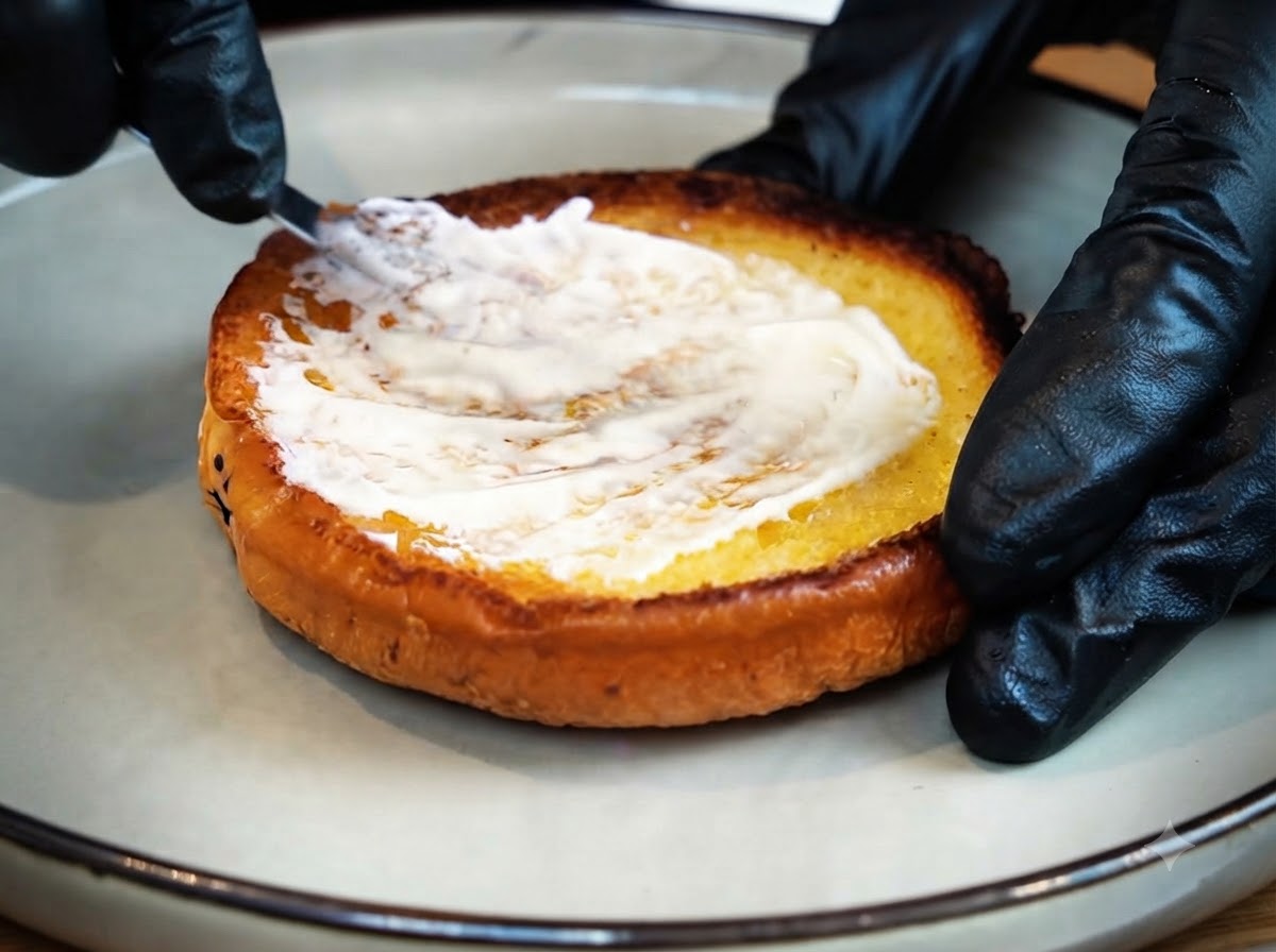 Una mano con guante usando una espátula pequeña para esparcir mayonesa blanca sobre un pan de hamburguesa tostado y dorado.