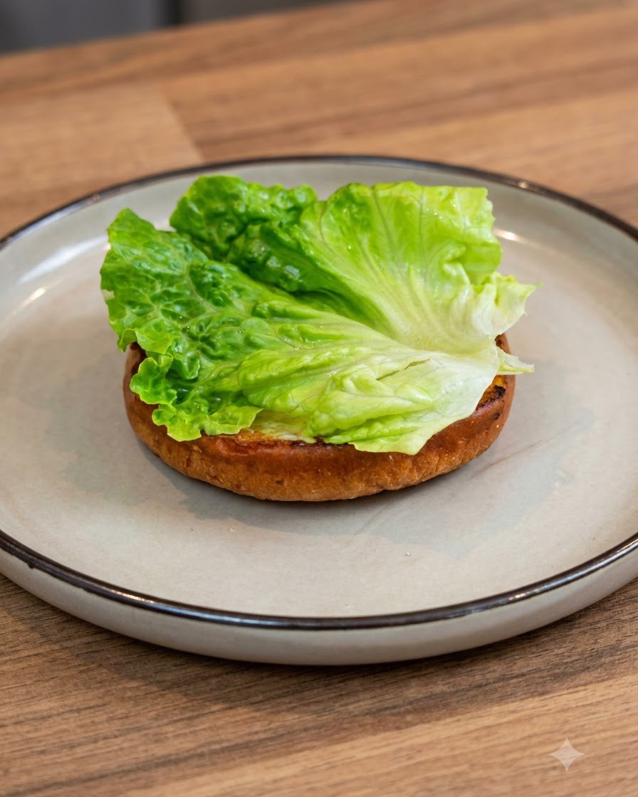 Hojas de lechuga verde fresca ordenadas cuidadosamente sobre un pan de hamburguesa tostado que descansa en un plato de cerámica.