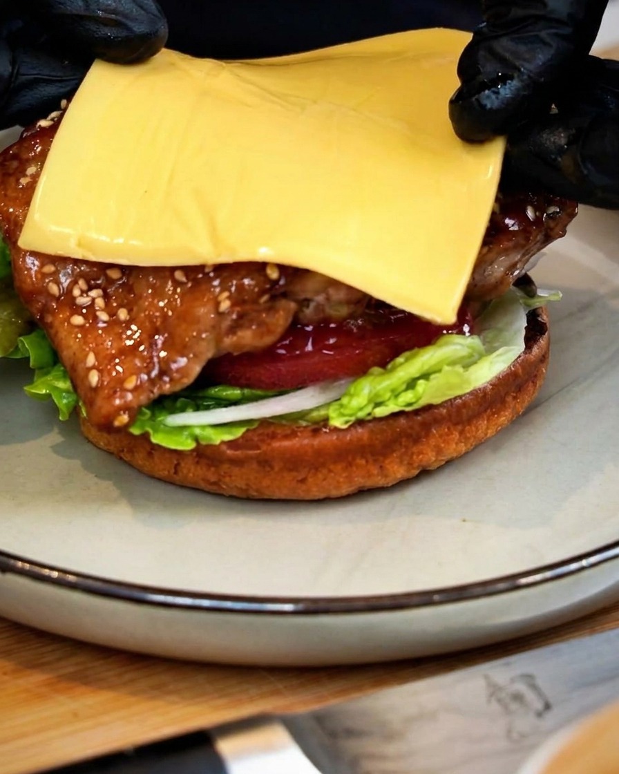 Una rodaja de queso amarillo siendo colocada encima de las capas de pollo glaseado y vegetales en un pan de hamburguesa.