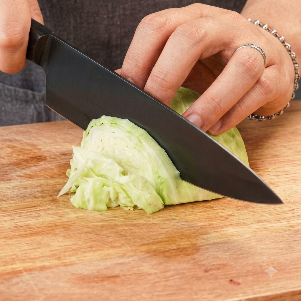 Un cuchillo afilado cortando una cabeza de repollo verde en una tabla de cortar de madera.