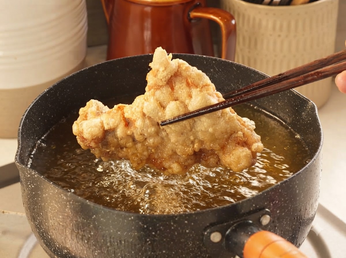 Palillos de madera sosteniendo un trozo grande de pollo frito crujiente de color marrón dorado sobre una olla de aceite burbujeante.