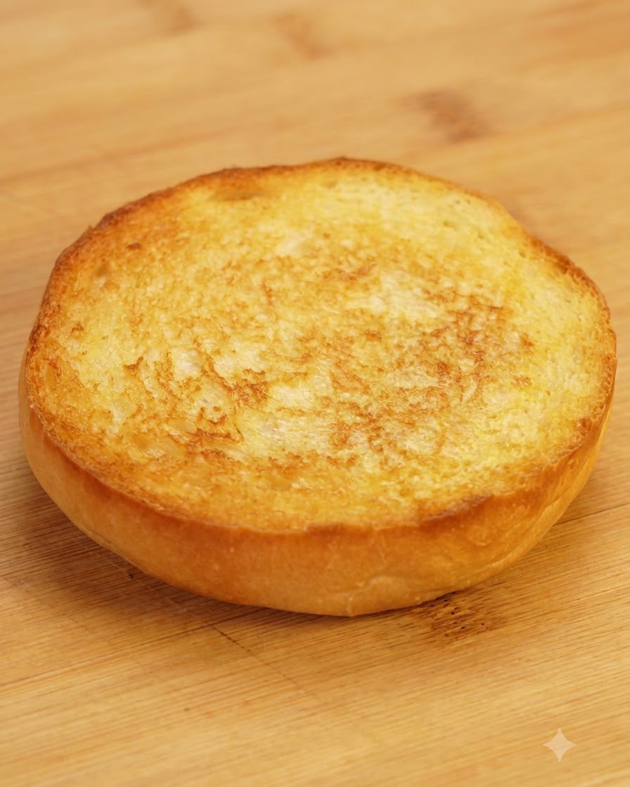 Una mitad de pan de hamburguesa tostado dorado descansando sobre una tabla de cortar de madera.