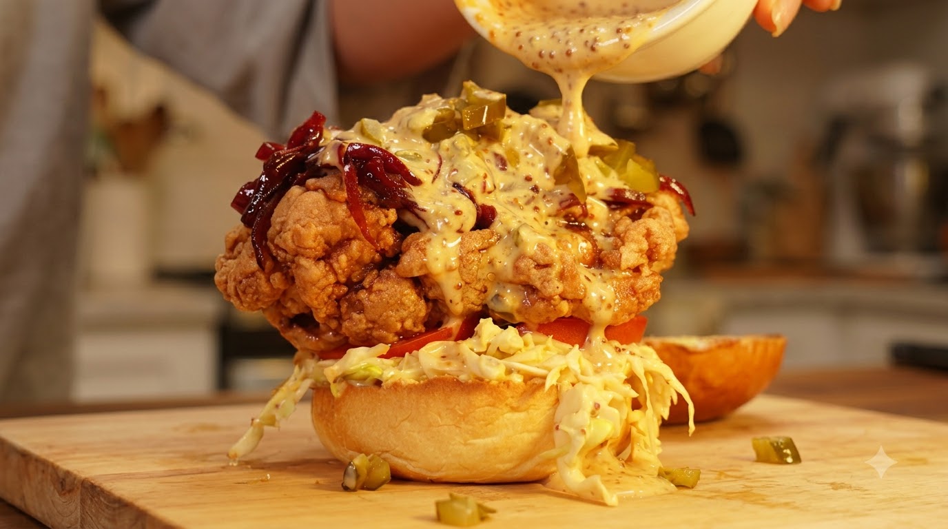 Hamburguesa de Pollo Frito Crujiente con Cebollas Caramelizadas al Vino Tinto