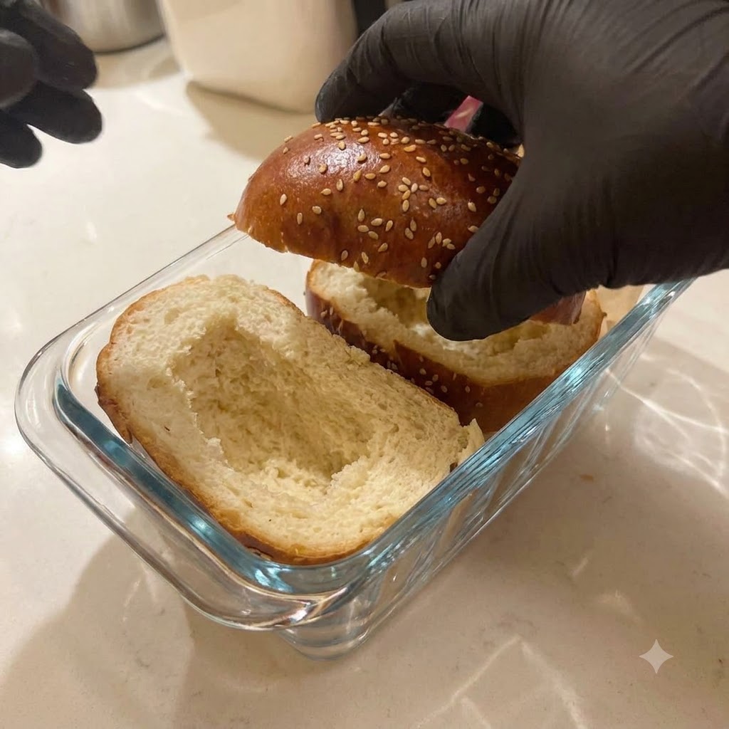 Una loncha de queso colocada en el fondo del interior del pan de hamburguesa ahuecado.
