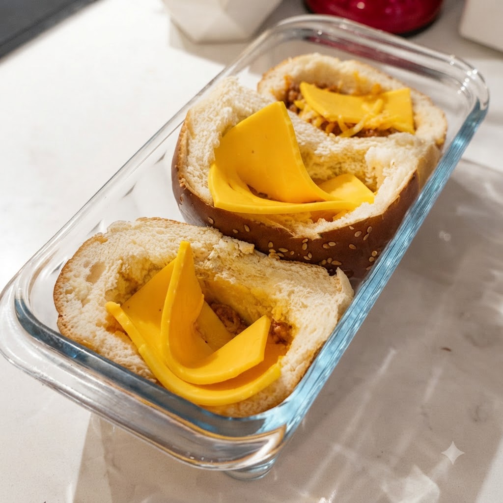 Relleno preparado de carne de res picada colocado con cuchara en los panes de hamburguesa sobre las lonchas de queso.