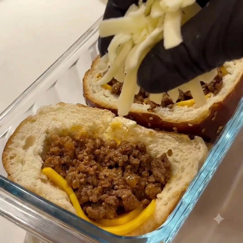Queso Casar fresco rallado espolvoreado sobre el relleno de carne de res dentro de los panes ahuecados.