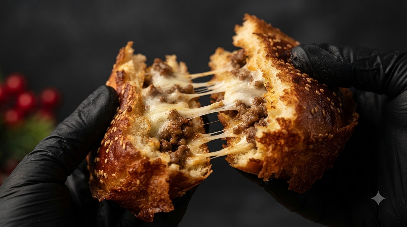 Un primer plano de una hamburguesa al horno rellena de queso siendo separada, mostrando hilos de queso fundido y un sabroso relleno de carne dentro de un pan crujiente.