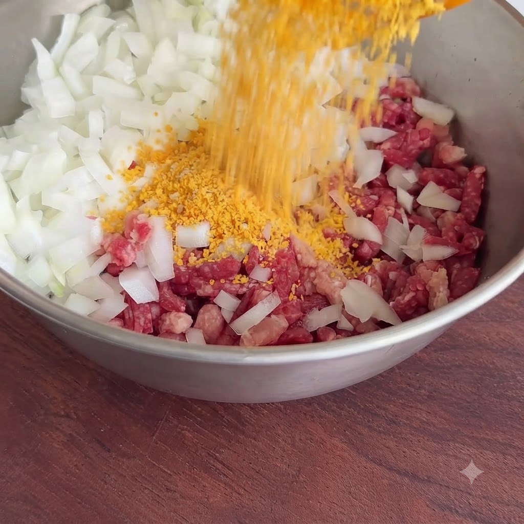Pan rallado amarillo siendo vertido desde un envase hacia el tazón de metal que contiene carne picada y cebollas.
