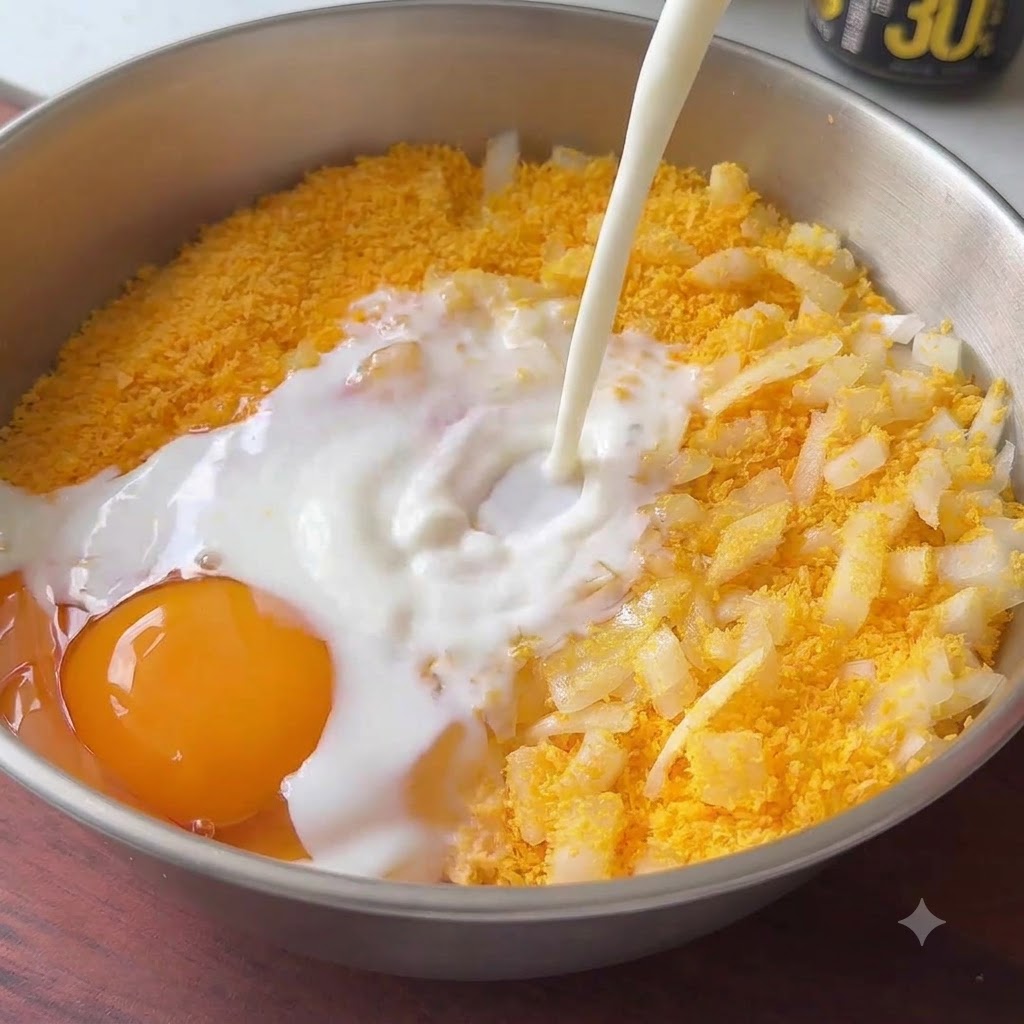 Leche siendo vertida desde un envase directamente al tazón de metal que contiene una yema de huevo, pan rallado y carne picada.