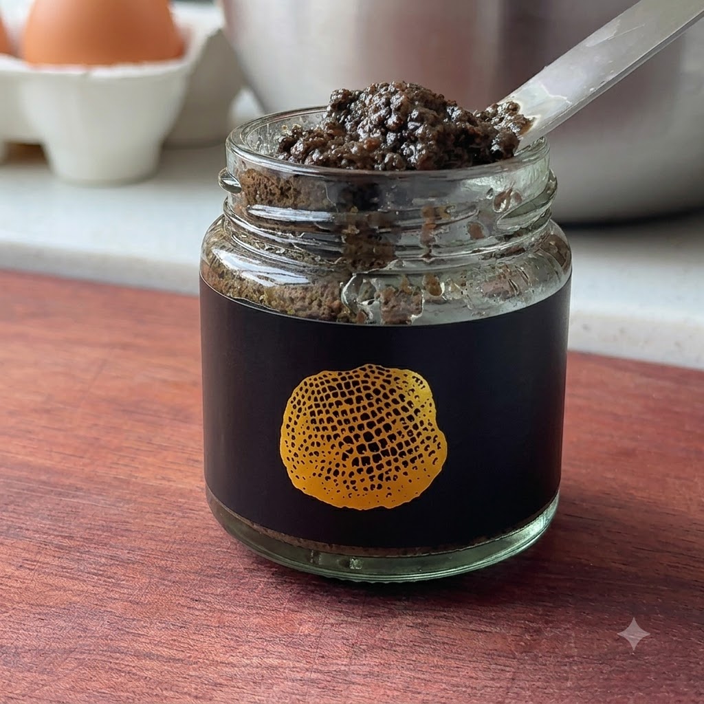 Una cucharada de salsa de trufa negra oscura sostenida frente a un frasco con etiqueta negra y dorada, con un cartón de huevos en el fondo difuminado.