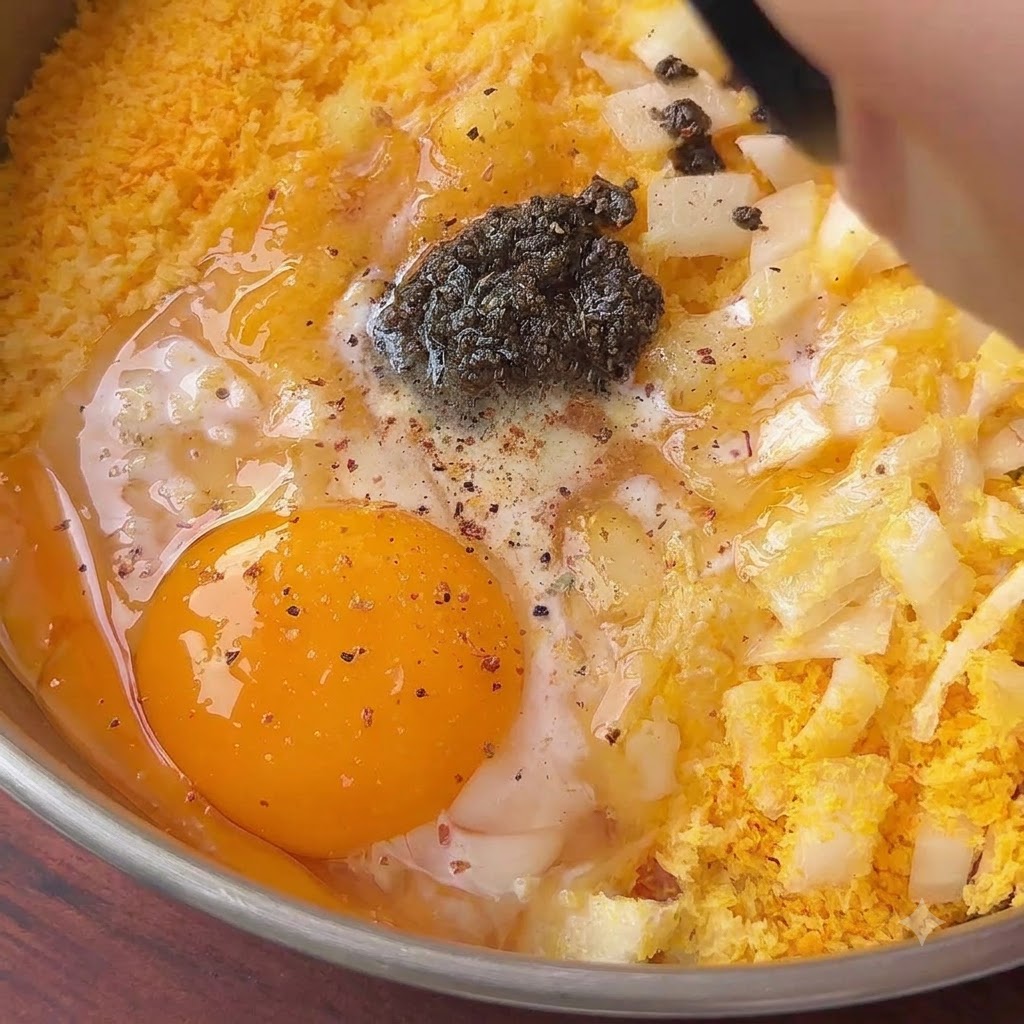 Una yema de huevo cruda, salsa de trufa oscura y especias reposando sobre cebollas picadas y pan rallado en un tazón mezclador.