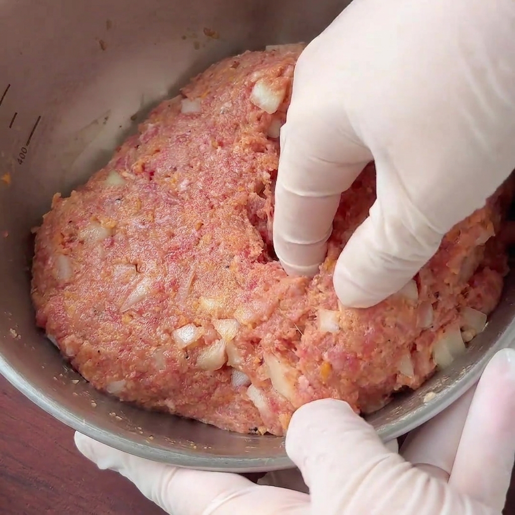 Manos con guantes dando forma a una mezcla densa de carne y cebolla en una hamburguesa redonda y gruesa dentro de un tazón de metal.