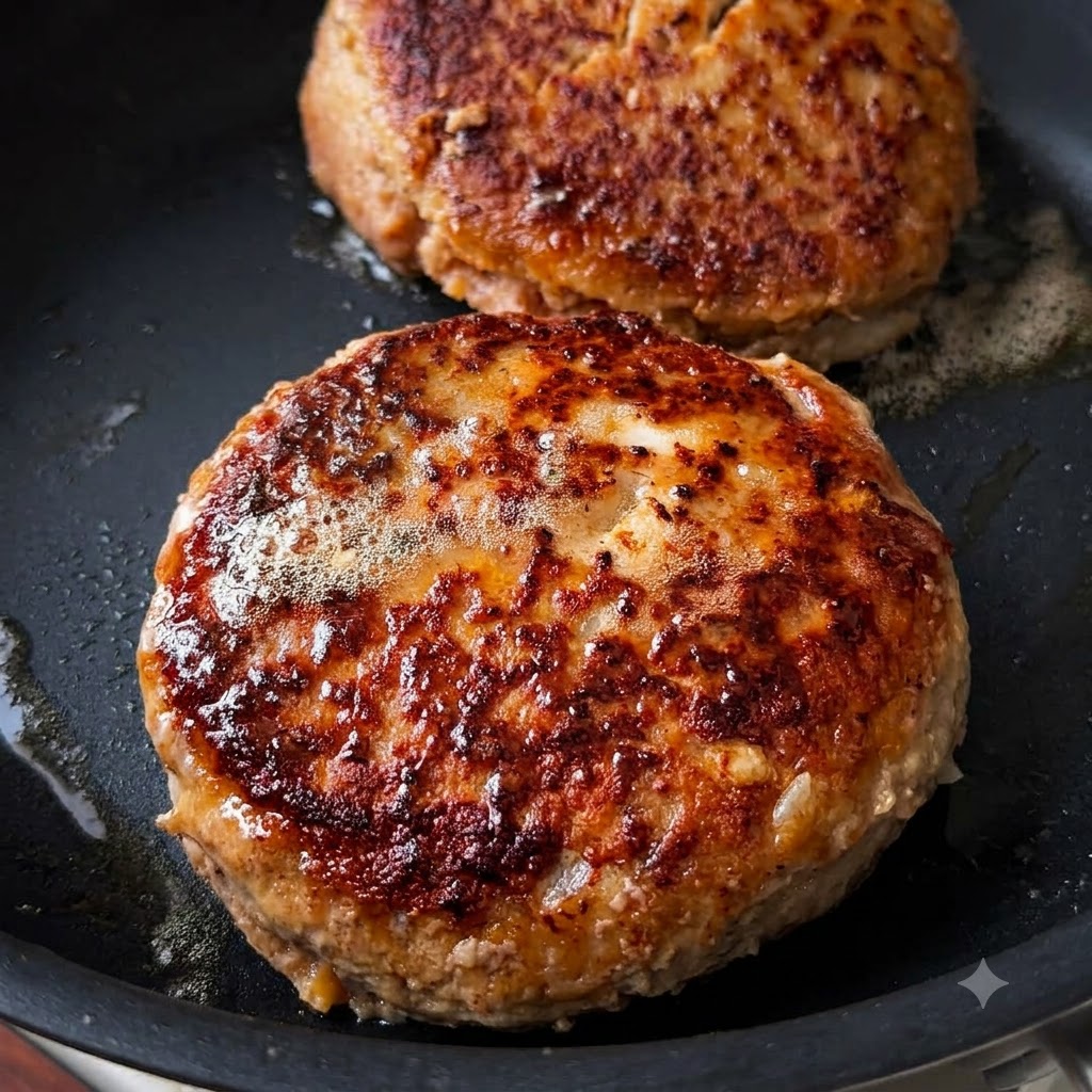 Dos hamburguesas gruesas con una costra de color marrón dorado oscuro chisporroteando en una sartén caliente.