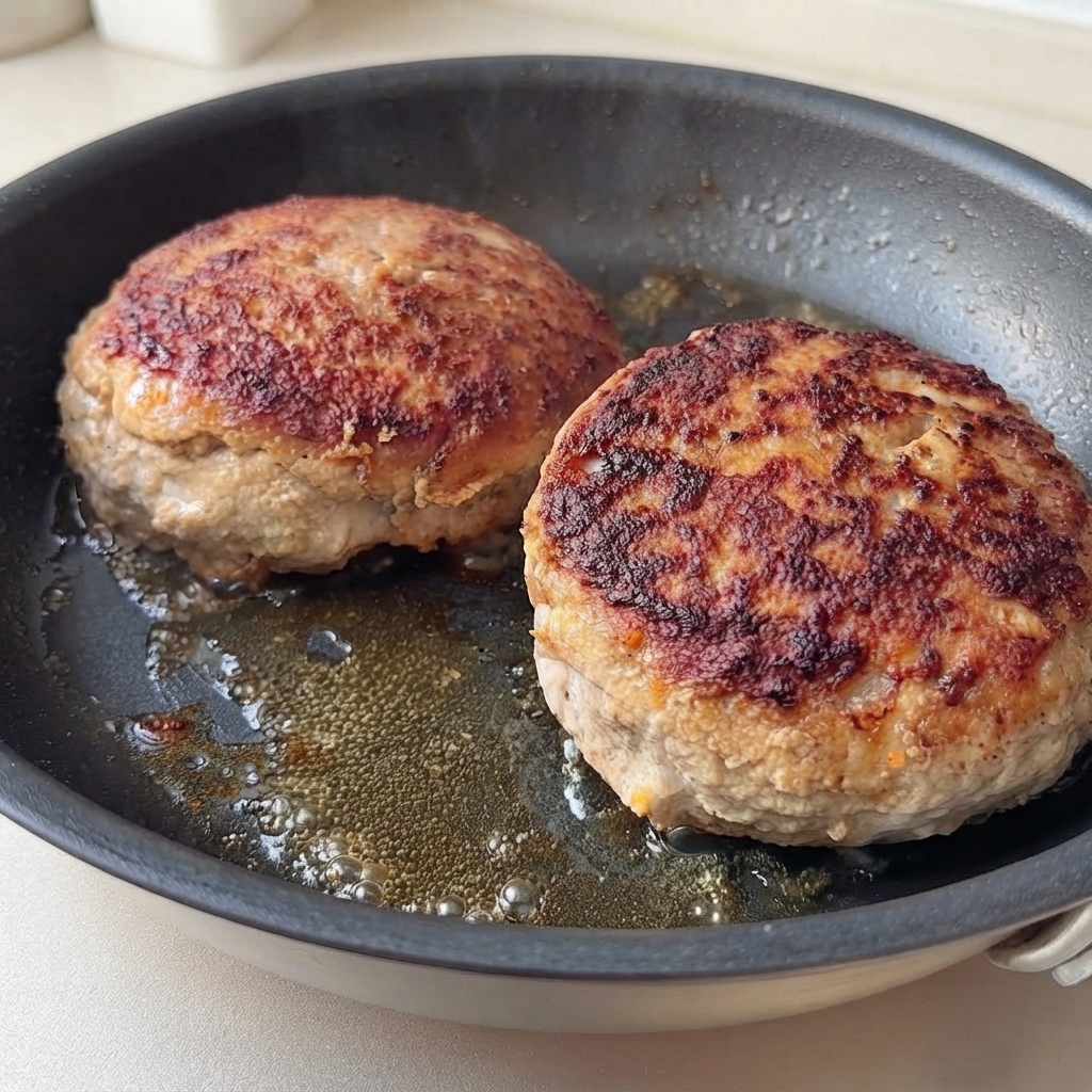 Dos hamburguesas doradas friéndose en una sartén rodeadas de aceite burbujeante y jugos.