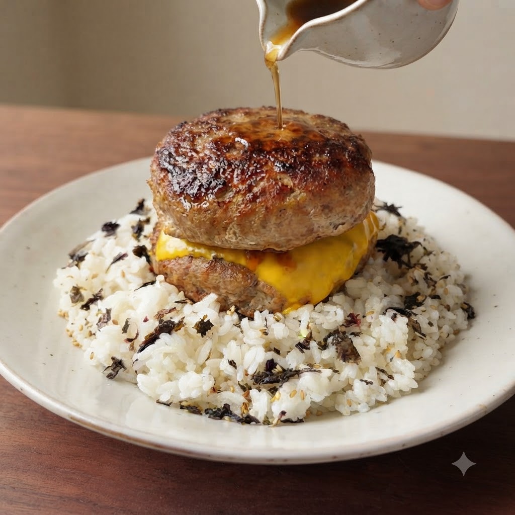 Una pequeña jarra blanca rociando salsa sabrosa y transparente sobre hamburguesas apiladas y queso derretido sobre arroz.