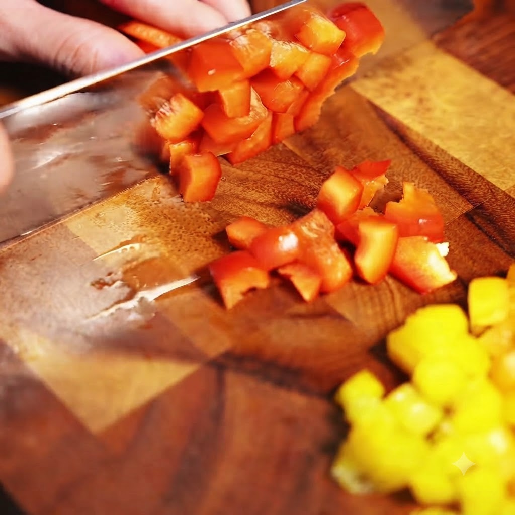Cebolla roja siendo picada en trozos pequeños sobre una tabla de picar de madera.