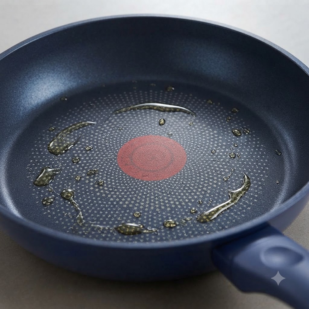 Cebollas picadas finamente y ajo en rodajas cocinándose en una sartén azul con aceite a fuego lento.