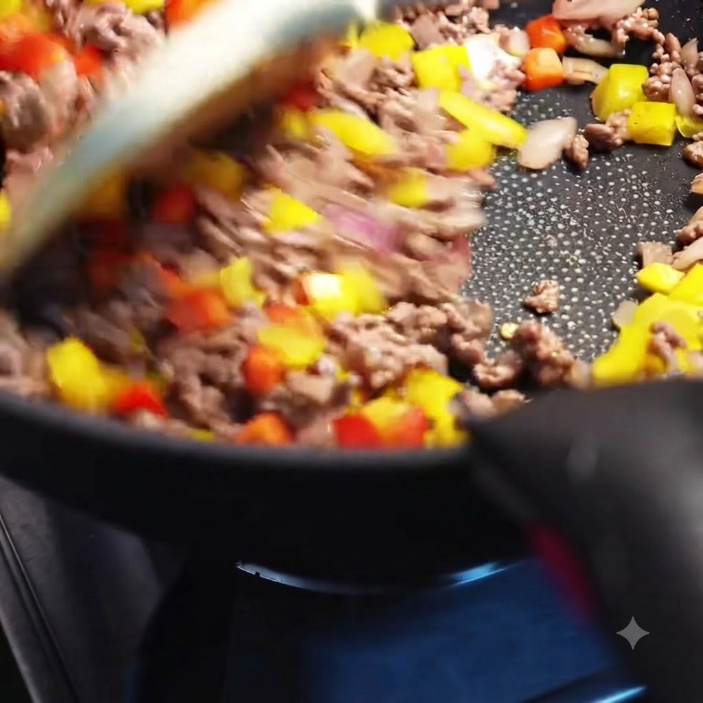 Mezcla de especias, sal y azúcar siendo agregadas a la mezcla chisporroteante de ternera y pimiento en una sartén.