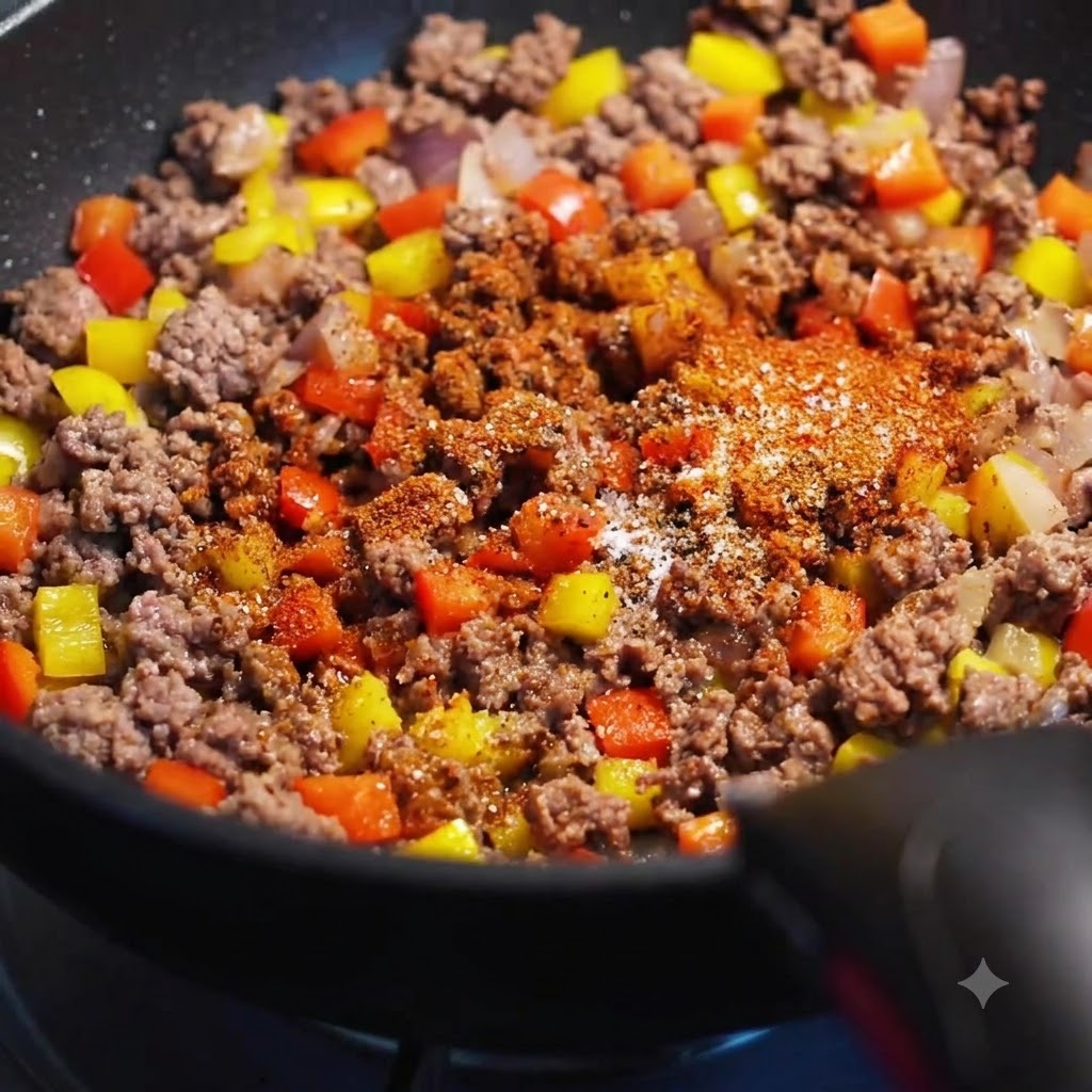 Polvo de especias, sal, azúcar y granos de maíz mezclados en el salteado de ternera y pimiento en una sartén.