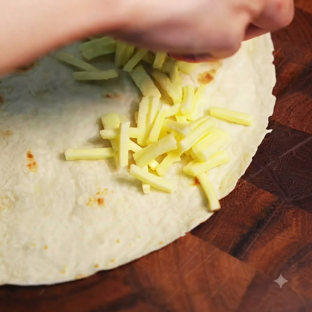 Queso mozzarella rallado siendo esparcido sobre una mitad de una tortilla de harina redonda reposando sobre una tabla de madera.