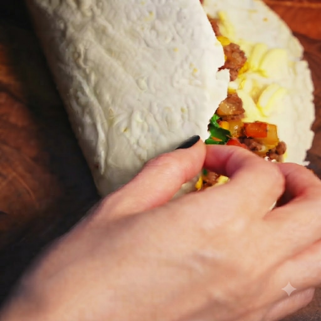 Una tortilla de harina siendo doblada por la mitad sobre un relleno de ternera, queso y verduras.