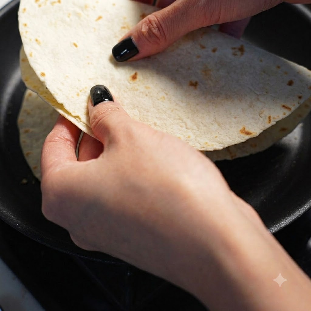 Una quesadilla doblada siendo colocada en una sartén antiadherente negra caliente.