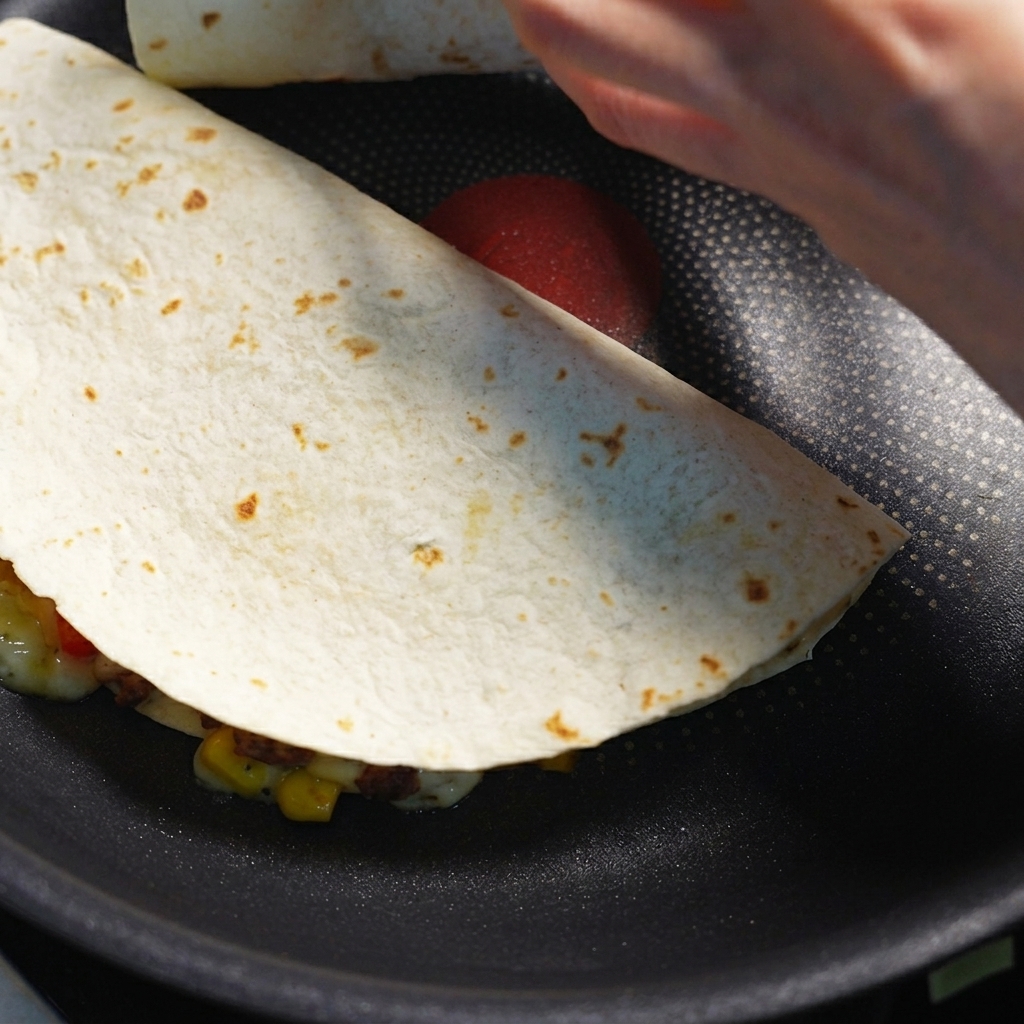 Una quesadilla de tortilla cocinándose en una sartén oscura, siendo volteada con una espátula.