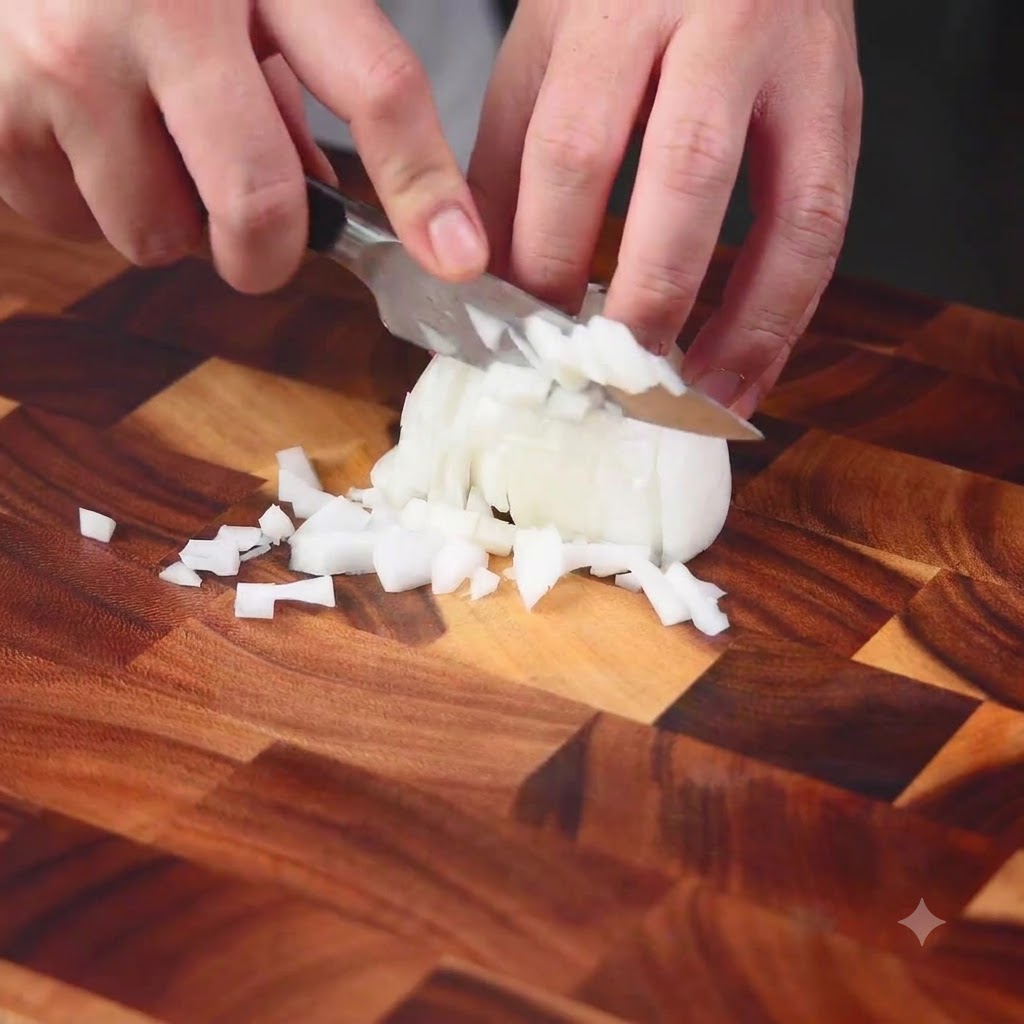 Una cebolla siendo cortada y picada cuidadosamente en una tabla de cortar de madera con un cuchillo de chef.