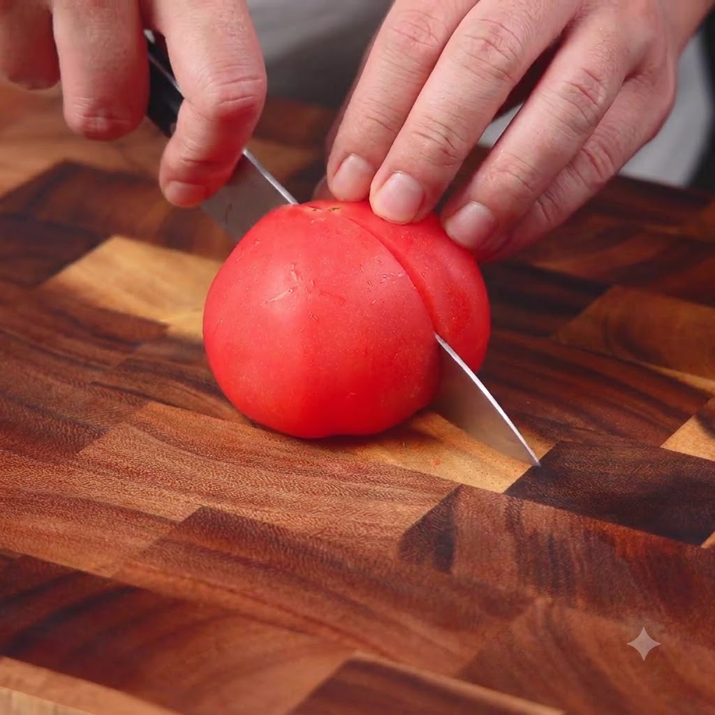 Un tomate rojo fresco siendo cortado por la mitad en una tabla de cortar de madera.