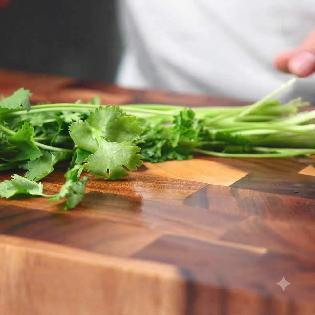 Un manojo de cilantro verde fresco dispuesto sobre una tabla de cortar de madera.