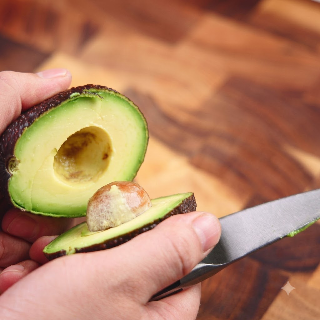 Un aguacate cortado por la mitad con el hueso visible, sostenido sobre una superficie de madera.