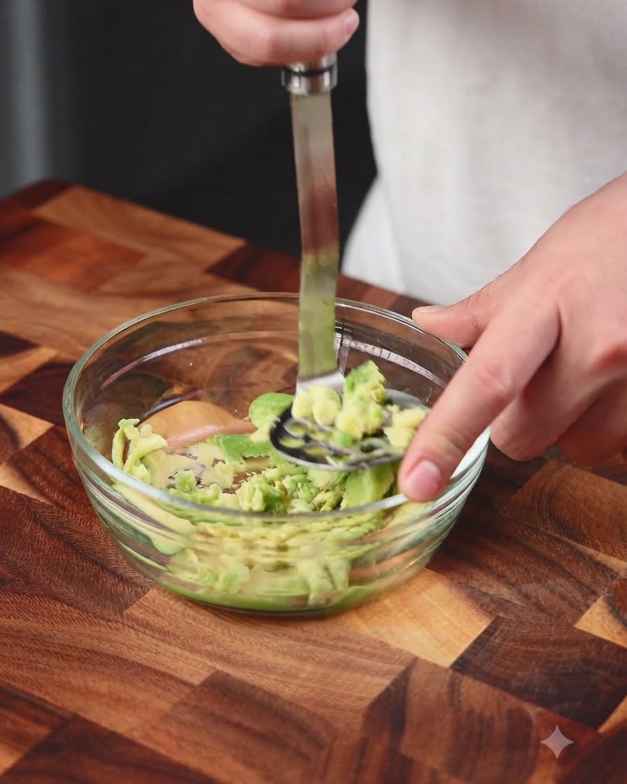 Jugo de limón siendo exprimido en un tazón que contiene aguacate majado usando un triturador de metal.