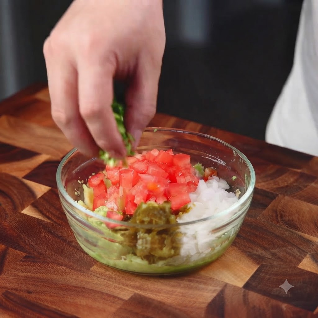 Tomates, cebollas, cilantro y jalapeños finamente picados siendo añadidos directamente a un tazón de vidrio que contiene aguacate majado.
