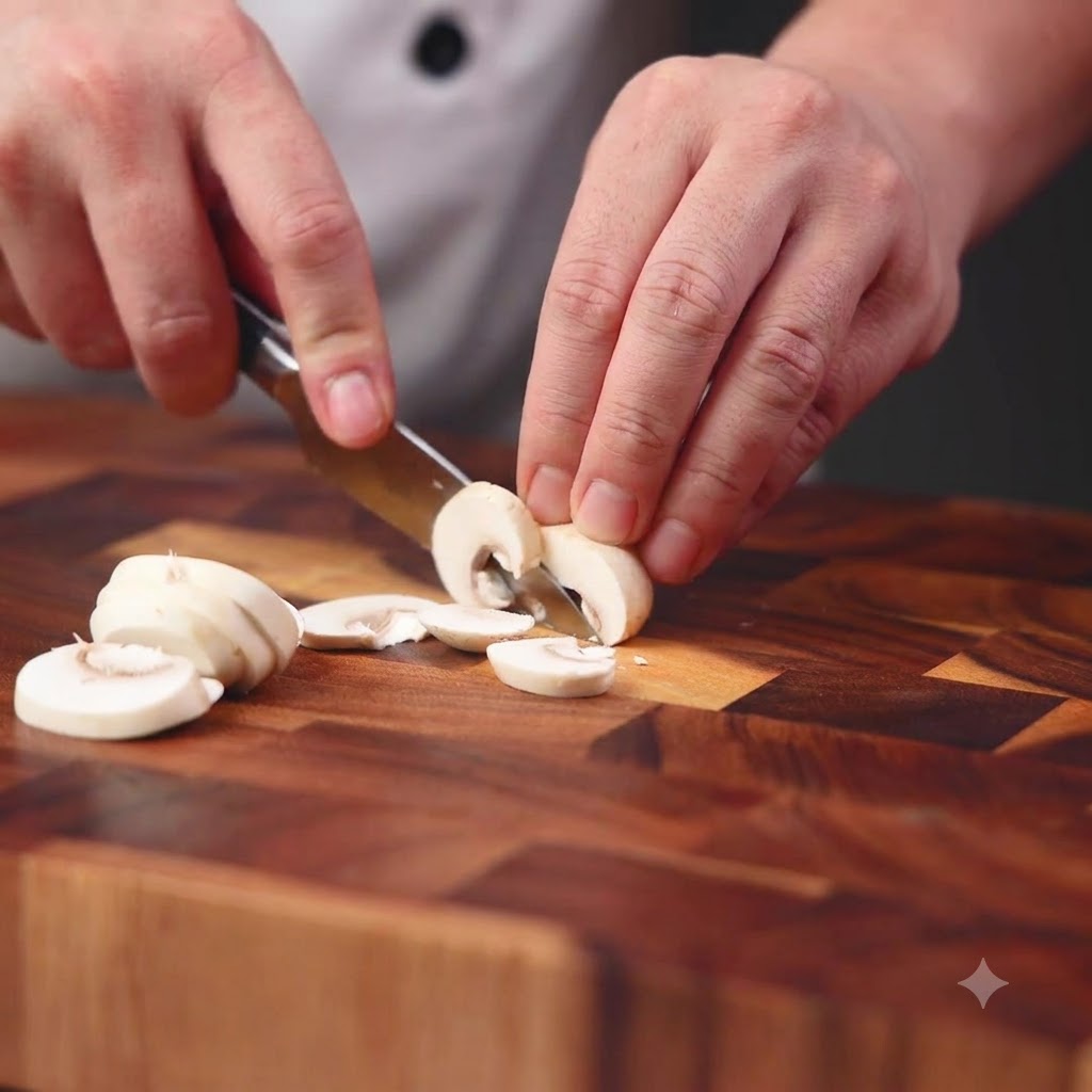 Dientes de ajo siendo picados en trozos pequeños con un cuchillo de cocina en una tabla de madera.