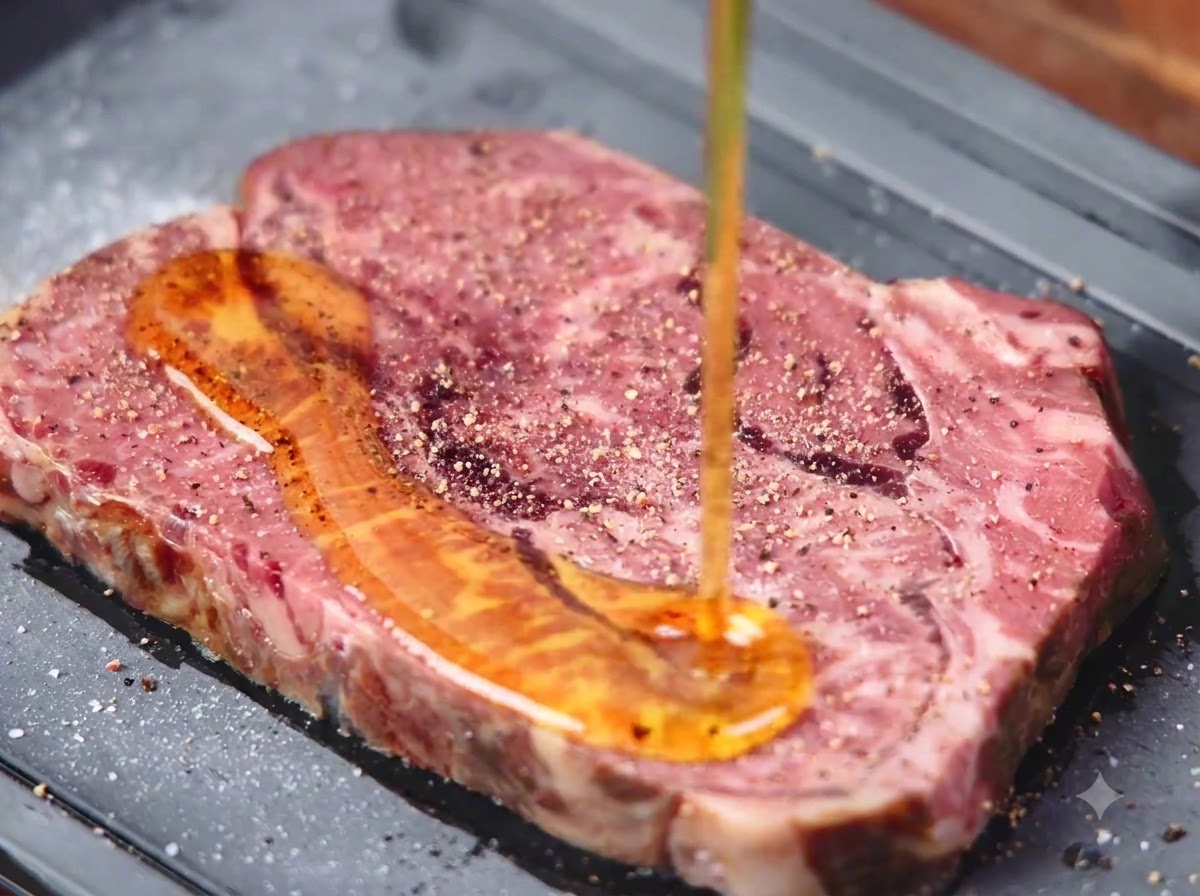 Aceite de oliva siendo vertido sobre un filete crudo y sazonado en una bandeja.