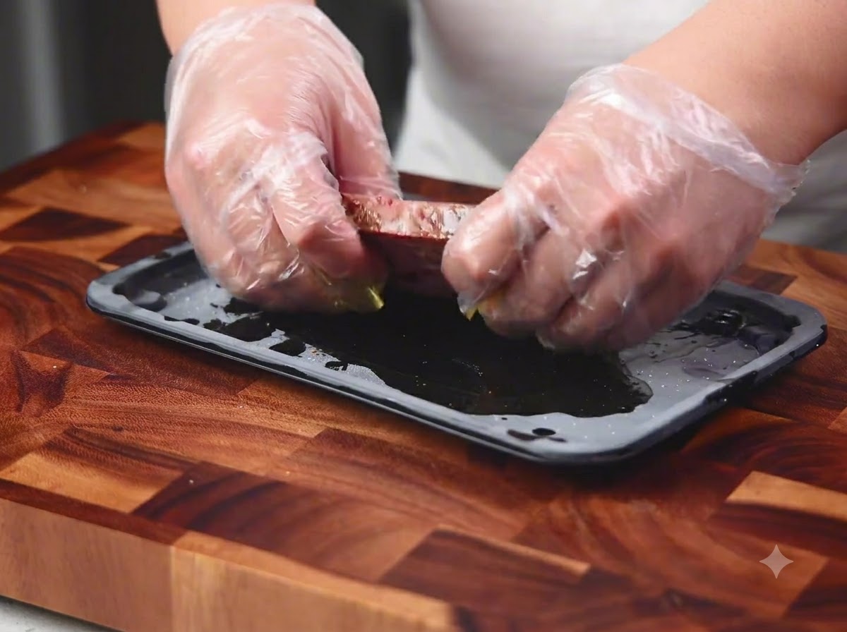 Manos usando guantes de plástico frotando aceite y condimentos en una pieza de carne cruda sobre una bandeja oscura.