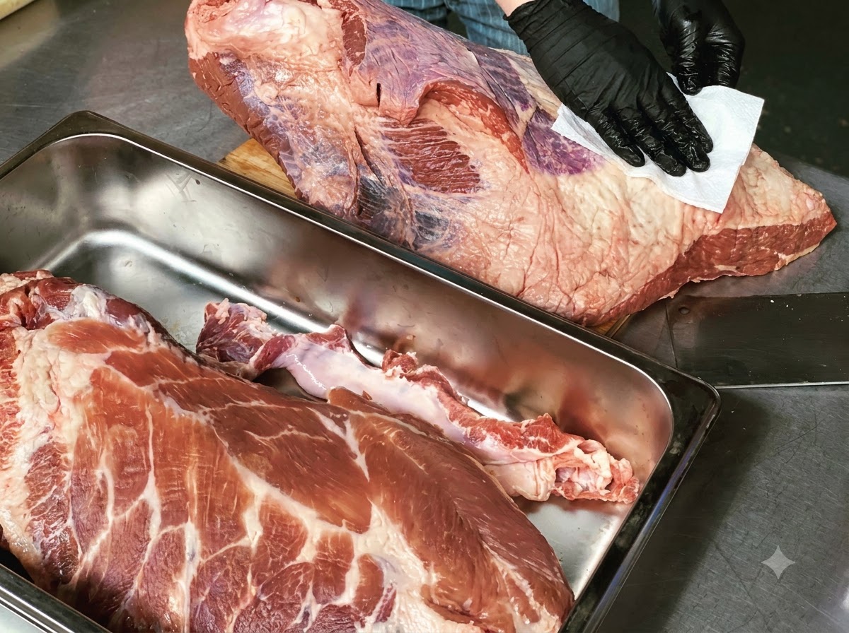 Un par de manos con guantes limpiando la superficie de un brisket de res crudo con una toalla de papel blanca dentro de una charola de metal.