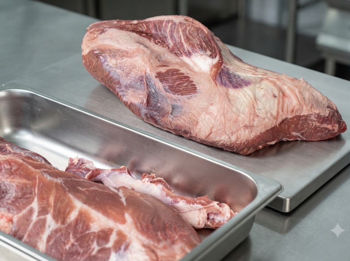 Un brisket de res crudo reposando sobre una superficie de corte de metal con un cuchillo posicionado cerca, listo para limpiar.