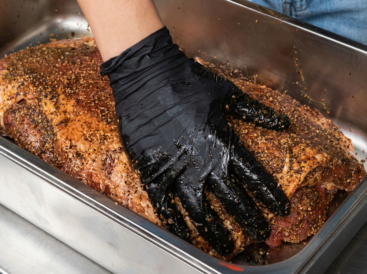 Una mano con guantes frotando una capa densa de especias y condimento grueso de manera uniforme a través de un gran brisket de res crudo en una charola de metal.