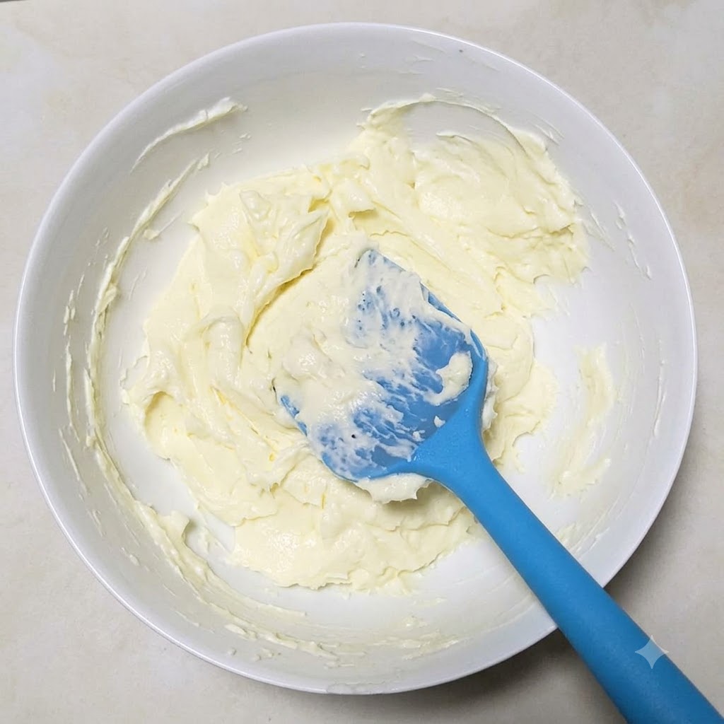 Queso crema ablandado dentro de un tazón blanco siendo mezclado junto con sal y azúcar usando una espátula azul.