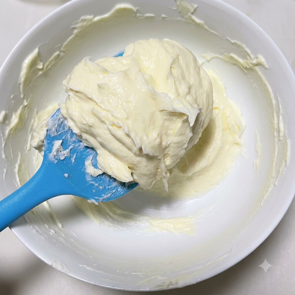 Mezcla de queso crema siendo removida continuamente hasta quedar completamente suave y uniforme.