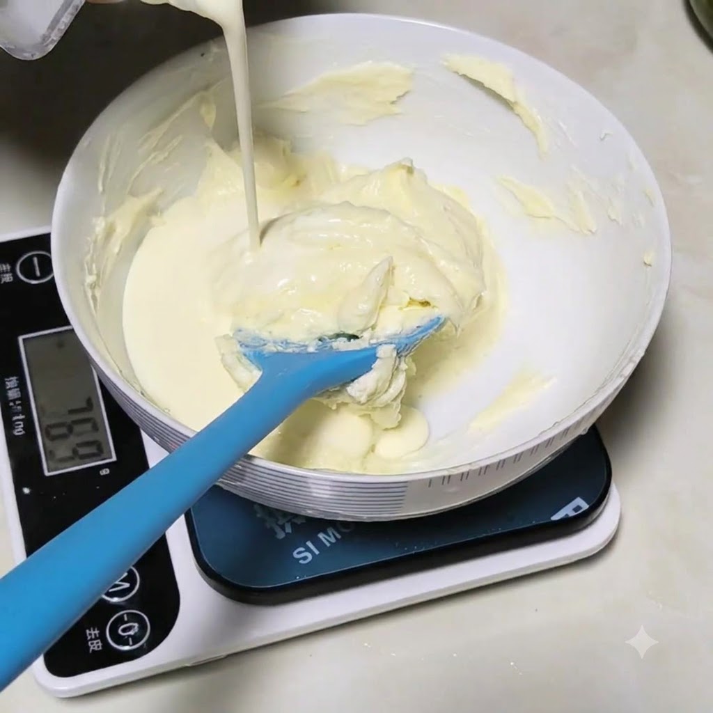 Crema de leche siendo vertida desde un cartón en el tazón para mezclar con el queso crema.