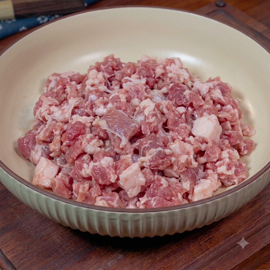 Un bol con carne picada fresca coronada con un poco de cebolleta, jengibre, sal y caldo de pollo.